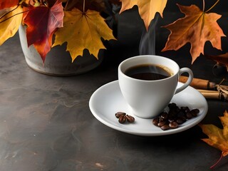 Warm Autumn Coffee with Steam and Rustic Fall Leaves Surroundings