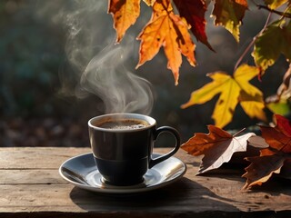 Steaming Cup of Coffee with Autumn Leaves in Warm Natural Light