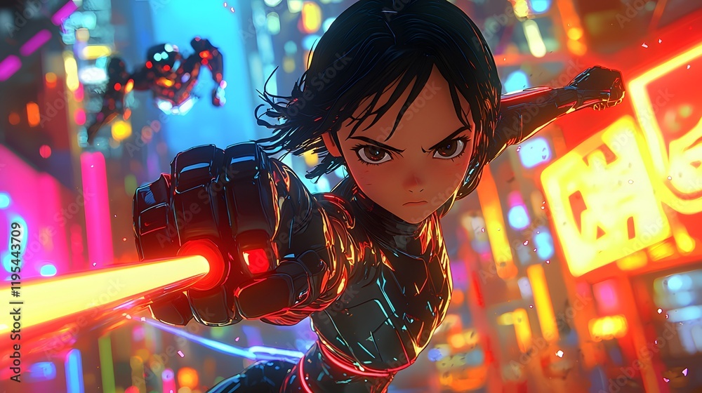 Aufkleber a girl using a glowing whip to fend off attacking robots in a neon-lit futuristic city, her expressi