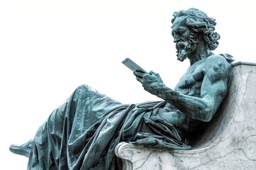 Fototapeta premium Marble statue of an ancient Greek philosopher seated with a marbler laptop open