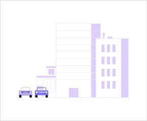 Naklejka premium Urban Buildings With Parked Cars In Flat Vector Illustration Symbolizing City Life And Infrastructure, Isolated On White Background