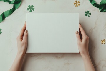 Obraz premium St. Patricks Day Holiday Art Female Hands Holding Green Shamrock Frame on Canvas