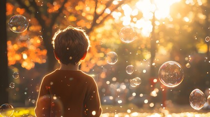 A boy blowing bubbles in a sunny park, the 3D bubbles reflecting light and 2D sparkles dancing as they float upward
