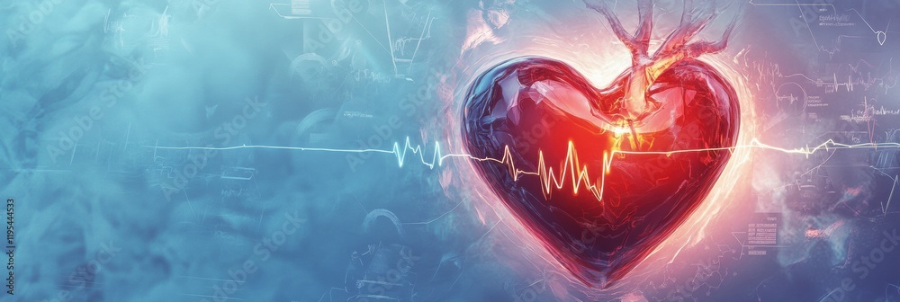 Aufkleber Glowing red heart with dynamic cardiogram illustrating health and vitality in a vibrant blue background. Generative AI