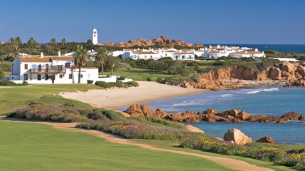 Coastal village with white houses, beach, ocean, and golf course.