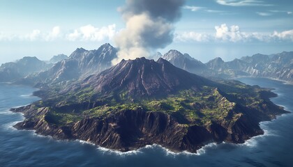 A volcanic island with rugged terrain and smoke gently rising from its peak