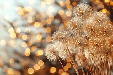 Obraz premium Delicate Dandelion Seeds with Rich Golden Bokeh Background, Creating a Dreamy and Ethereal Atmosphere of Nature's Beauty and Tranquility