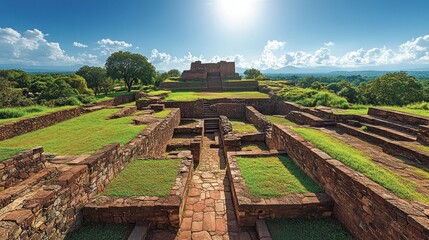 Ancient ruins, stone structures, grassy courtyard, sunny day.