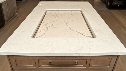 Kitchen island countertop with built-in sink and elegant marble-like surface.