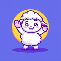 Fototapeta premium Cartoon sheep with arms raised on a blue surface with a yellow circle backdrop for animation use