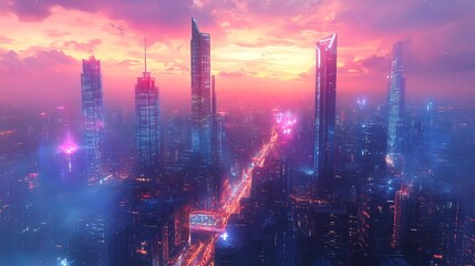 Fototapeta premium Futuristic smart city with skyscrapers, clean energy sources, modern public transport, advanced urban design 