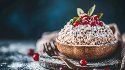 Sweet rice pudding dessert in wooden bowl, garnished with cranberries and powdered sugar.