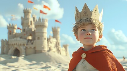 A boy wearing a cardboard crown and cape, standing in front of a 3D sandcastle with 2D animated flags waving on its turrets