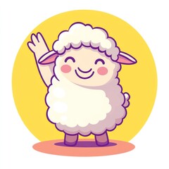Obraz premium Cartoon sheep waving in a yellow circle on a white background, for children's illustration