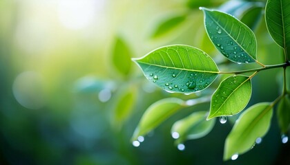 close up of green leaves with dew drops on them blurred background