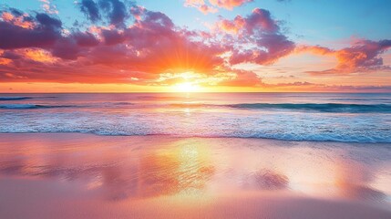 Obraz premium Spectacular Sunset Over Ocean Beach: A Serene Coastal Paradise