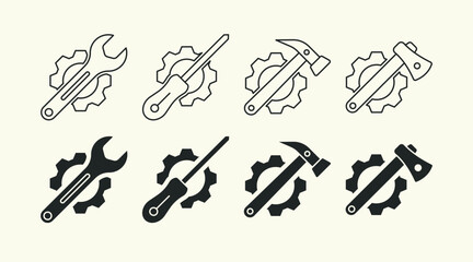 Tools and Kits icon illustration set with line stroke and solid field variations