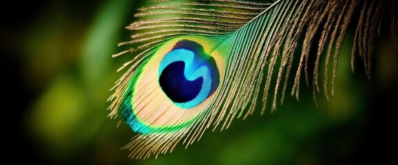 Close-up of vibrant peacock feather against blurred green background.