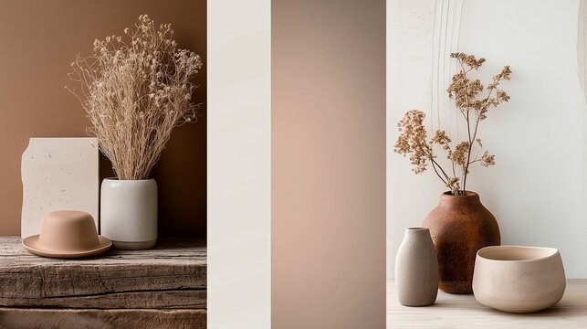 modern ases with flowers near white wall. interior design