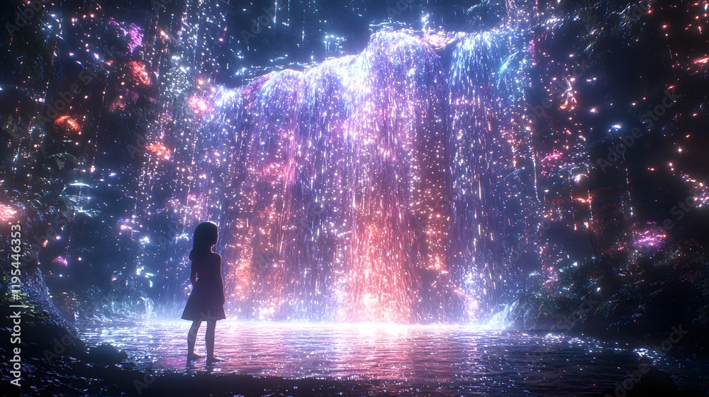Poster A kid standing under a glowing 3D waterfall, as 2D animated streams of light cascade around them, creating a sense of wonder and play