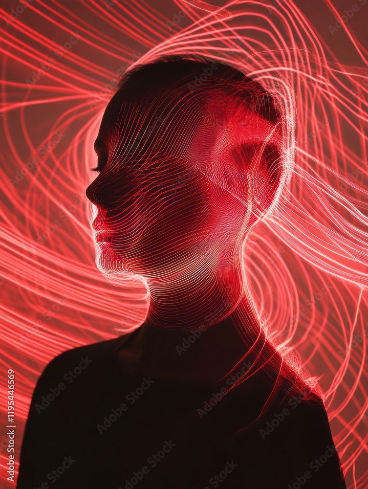 Fototapete person in silhouette surrounded by swirling red lines and abstract shapes creating a surreal atmosph