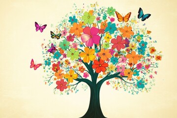 Whimsical Tree with Colorful Butterflies and Flowers
