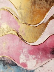 Obraz premium Abstract Gold Pink Waves Fluid Art Painting. AI Generated
