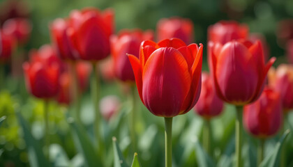 Obraz premium Close-Up Shot of Vibrant Tulips in Garden with Blurred Greenery Background