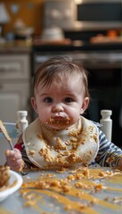 Adorable Baby with Spilled Food Explores Mealtime in Bright Kitchen Setting