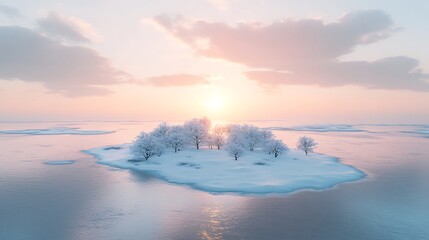 A winter island coated in white snow, surrounded by frozen waters under a soft pastel sunset
