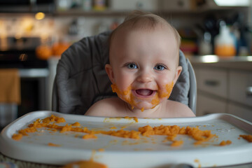 Smiling Baby with Mashed Pumpkin in Cozy Kitchen for Family Moments and Joyful Memories