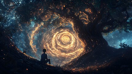 A boy sitting under a massive 3D tree with roots that twist into spirals, as 2D glowing vines unfurl around him