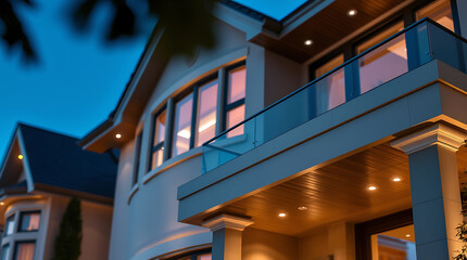 Fototapeta premium Luxury Modern House Exterior at Night. Captivating architecture, elegant design, and stunning night lighting create a breathtaking residential property.