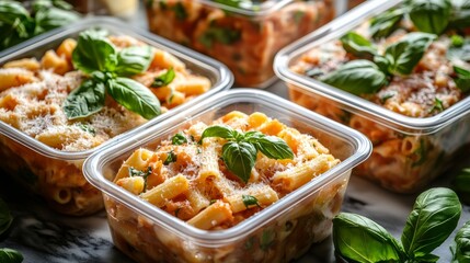 Modern Culinary Aesthetic Frozen Pasta Meals in Clear Containers on Marble - Quick Prep Convenience for Busy Families and Digital Culinary Marketing