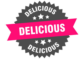 delicious. delicious round pink label isolated on transparent background