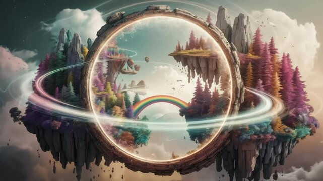 A circular portal floating in the air glows softly, hinting at a surreal, colorful world on the other side. Swirling energy surrounds the portal.
