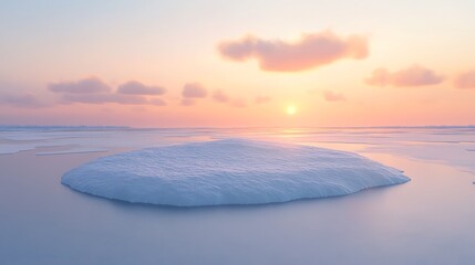 A winter island coated in white snow, surrounded by frozen waters under a soft pastel sunset