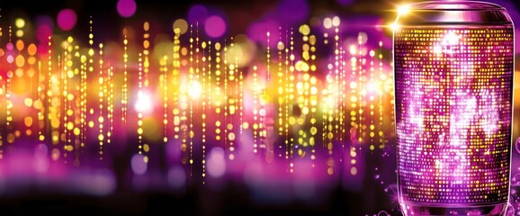 Glittering can with vibrant bokeh lights background.