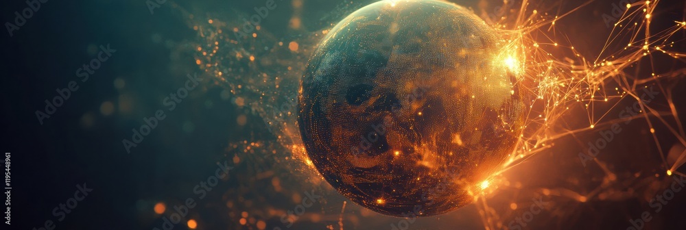 Poster glowing digital globe with flowing lines and points creating a captivating visual in a futuristic se
