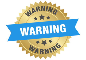 warning. warning round blue and gold label isolated on transparent background