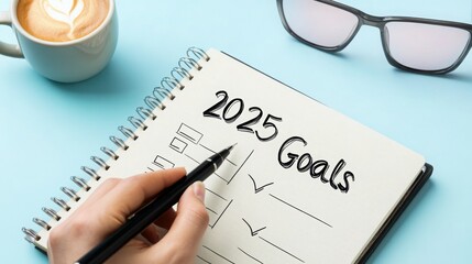 A human hand writing 2025 Future Goals in a sleek notebook checklist with a black pen, a coffee cup, and modern eyeglasses on a pastel blue background