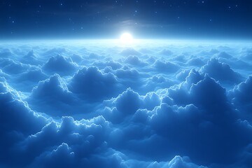 Sunrise above a sea of clouds, celestial view.