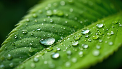 Macro Shot of Water Droplets on Vibrant Green Leaf with Sharp Focus