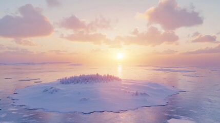A winter island coated in white snow, surrounded by frozen waters under a soft pastel sunset