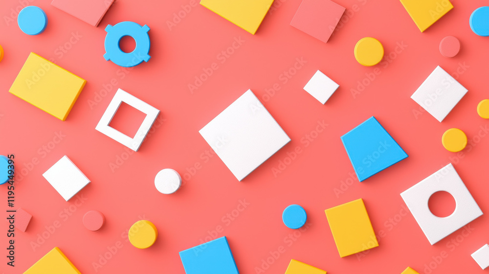 Poster Colorful geometric shapes scattered on vibrant coral background create playful and dynamic composition