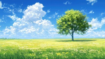 Solitary Tree in a Vibrant Spring Meadow Under a Sunny Sky