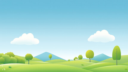 Obraz premium Lush green hills under clear blue sky with fluffy clouds and distant mountains