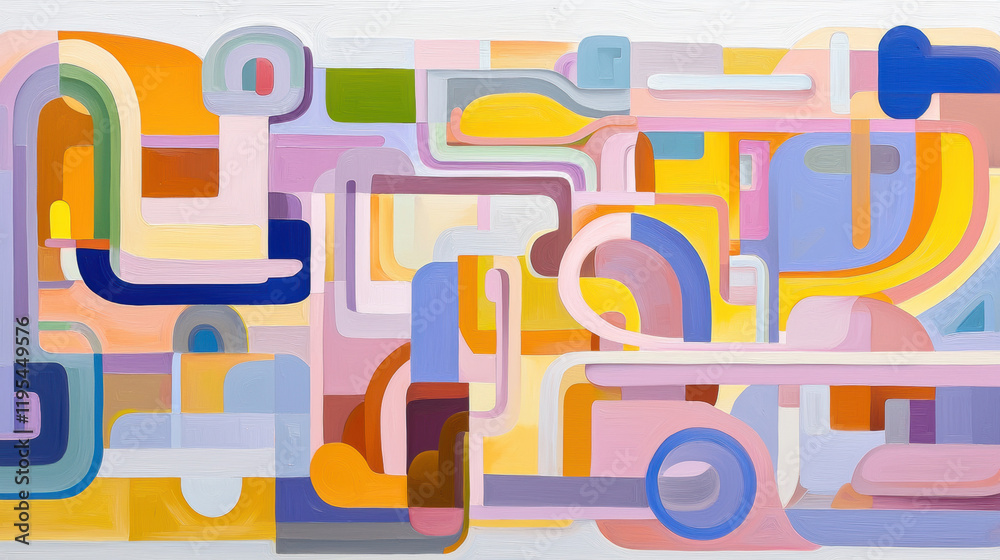 Poster abstract colorful painting with geometric shapes and fluid lines