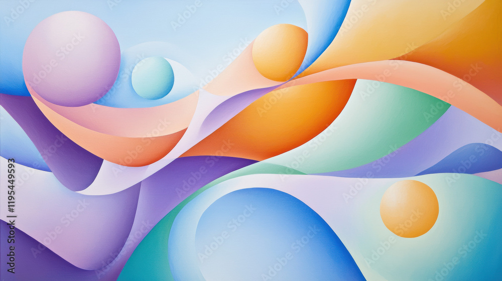 Poster vibrant abstract artwork featuring colorful shapes and flowing lines. composition includes soft curv