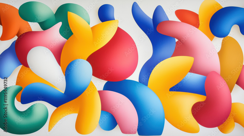 Poster colorful abstract shapes vibrant hues create dynamic composition. artwork features smooth curves and